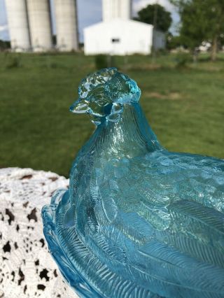 Vintage Large Aquamarine Chicken Hen On Nest BLUE Glass Covered RARE LG Wright 3