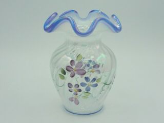 Vintage Fenton Opalescent Spiral Optic Hand Painted Vase Signed By Artist