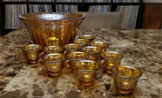 Vintage Iridescent Carnival Glass Punch Bowl Set,  Indiana Gold Harvest Grape