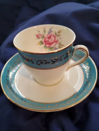 Vintage Aynsley Tea Cup & Saucer Teal With Gold Trim,  3 Inches Tall