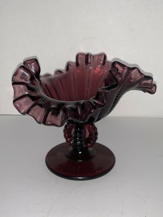 Vintage L.  G.  Wright/fenton Amethyst Purple Beaded Compote Ruffled And Crimped