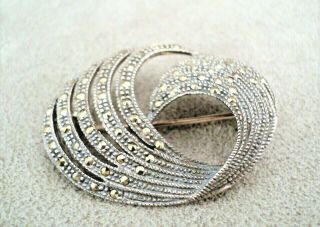 Signed Mc Textured Sterling Silver Brooch With Marcasites Curled Wave - Vintage