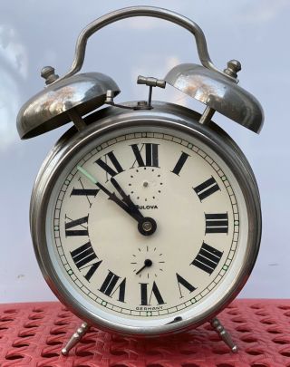 Vintage Bulova Two Bell Wind Brass Alarm Clock (germany)
