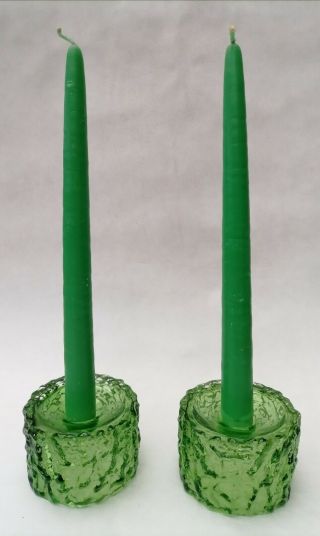 Whitefriars Vintage Green Bark Glass Taper Candle Holders X 2
