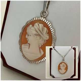 Vintage Jewellery Sterling Silver 925 Cameo Portrait Pendant On Silver 16”chain