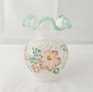 Fenton Art Glass Donna Robertson Artist White Opalescent Swag Bead Vase 4 1/2 "