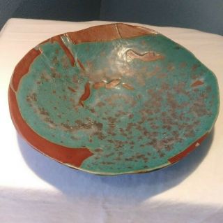 Handmade Rustic Studio Art 9 " Pottery Brown Bowlw/drip Turquoise Glaze Signed Gmh