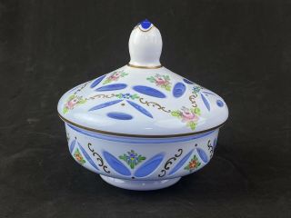 Vintage Bohemian Czech Cased Glass Cut To Blue Candy Dish With Lid
