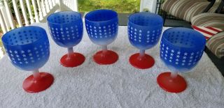 5 Vintage Bartlett Collins Thumbprint Goblets Red White Blue Stars Americana 4th 3