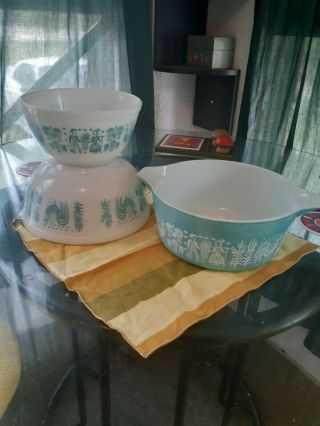 Vintage Pyrex Mixing Bowl Set Amish Butterprint 402,  403 And 442 Bake And Serve