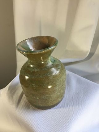 Vintage 1974 Signed Green And Cream Art Studio Pottery Vase 4” Height