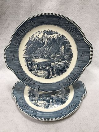 Set Of 2 Vintage Currier And Ives Blue Handled Cake Plate “the Rocky Mountain”