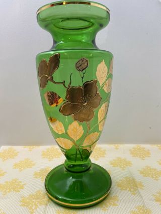 Bohemian Emerald Green Gold Gilt Floral Hand Made Vase 10 3/4 " Czech