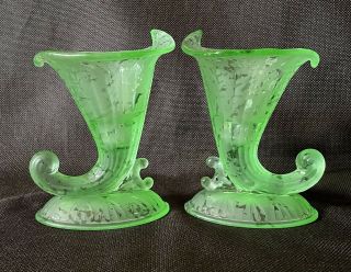 Vintage Pair Fenton Glass Ming Green Cornucopia Candleholders 950