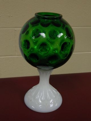 Vintage 1940s Fenton Ivy Ball Vase Green Glass Coin Dot Milk Glass Base