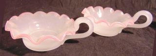 2 White Opaline Opalescent Art Glass Bowls Nappy Candleholders Pink Ruffled Rim