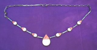 Pretty Vintage Sterling Silver Necklace With Mop & Coral Pendants