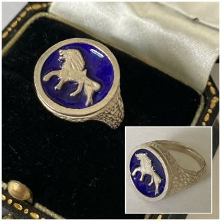 Rare Vintage Jewellery 925 Sterling Silver Blue Enamel Lion Signet Ring Size L