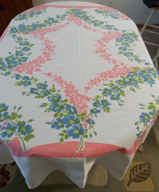 Vtg Heavy Woven Cotton Print Tablecloth Pink,  Blue,  Green Florals Oblong 70x60