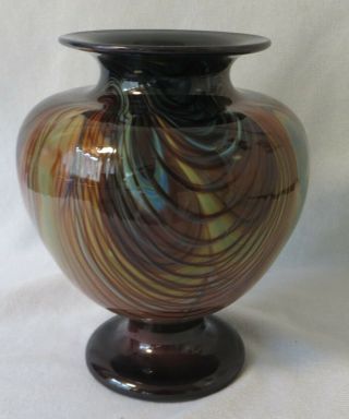 Stunning Hand Blown Studio Art Glass Vase With Peacock Feather Design Signed Vtg