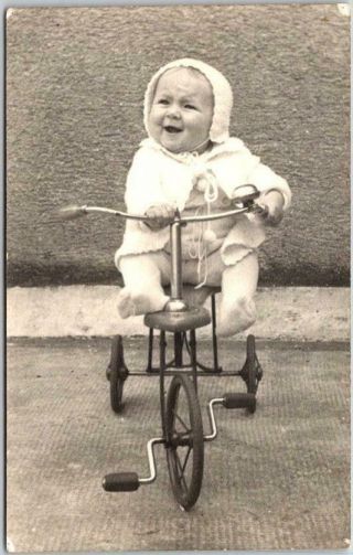 Vintage Rppc Real Photo Postcard Crying And/or Laughing Baby On Tricycle