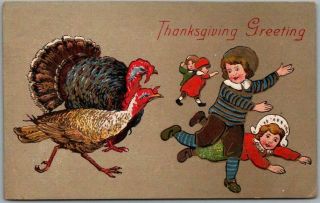 Vintage 1910s Thanksgiving Postcard Angry Turkeys Chasing Children E.  B.  C.