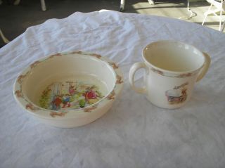 Vintage Royal Doulton Bunnykins Cereal Bowl And Two Handle Soup Mug Set