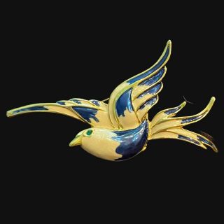 Vintage Jankuo Enamal Bird In Flight Brooch/Pin Gold and Blue 2