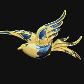 Vintage Jankuo Enamal Bird In Flight Brooch/Pin Gold and Blue 3