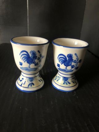 Vintage Blue And White Delft Style Porcelain Egg Cup With Rooster & Florals