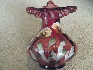 Fenton,  Tulip Vase,  " Pansies On Cranberry ",  Hand Decorated,  By Jo Renonolds