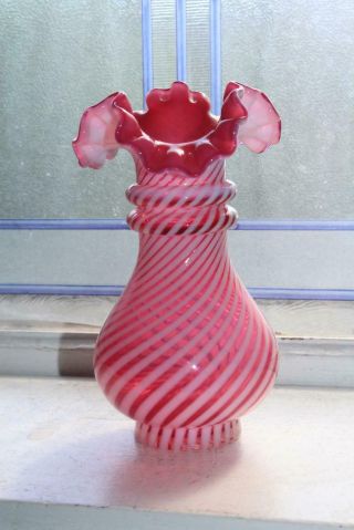 Fenton Cranberry Spiral Optic Opalescent Glass Vase Vintage 1950s