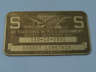 Vintage Brass Social Security Card; Circa 1940s.  Inscribed With Name And Number