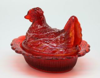 Red & White Slag Glass Hen On Nest Candy Bowl Or Ring Jewelry Holder Mosser Look