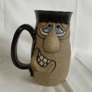Vintage Hand Carved Ugly Funny Face Mug Stoneware Tall 6” Mug Artist Signed