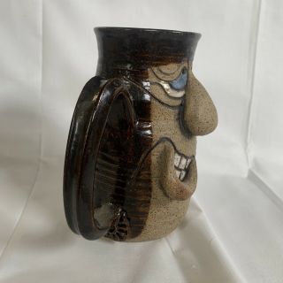 Vintage Hand Carved Ugly Funny Face mug Stoneware Tall 6” Mug Artist Signed 2