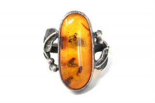 Vintage Sterling Silver 925 Large Amber Leaf Design Ring Size O 233