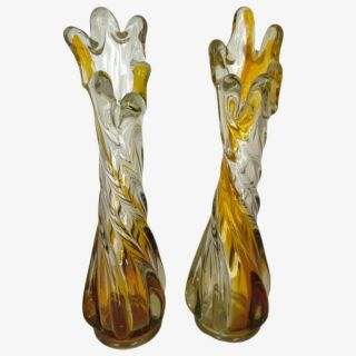 Vintage Mcm Hand Blown Art Glass Twist Vases 2 Amber Clear Stretch Swung Glass