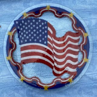 Signed Peggy Karr Fused Glass 11 " American Flag Platter 2001 -