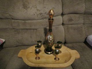 Vintage Hand Painted Green Glass Liquor Decanter With Four Glasses