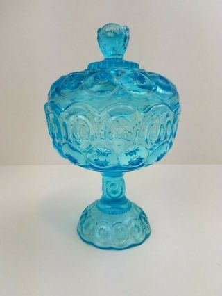 Vintage Le Smith Moon And Stars Blue Lidded Pedestal Compote Candy Dish