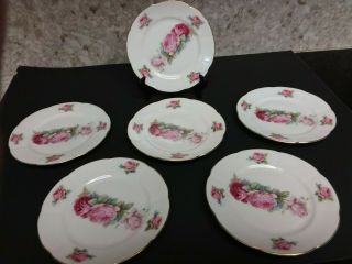 Vintage Set Of 6 Pie Or Dessert Plates 7 Inch Roses W/gold Trim Made In Germany