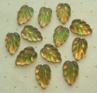 12 Vintage Glass Leaf Cabochons Variegated Green & Golden - Gold Foil Back 5/8 "