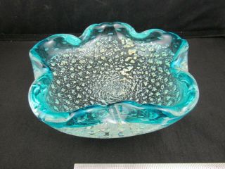 Vintage Murano Glass Candy Dish Ashtray Teal Green Gold And Silver Flakes