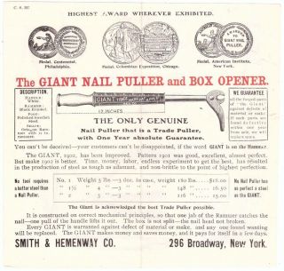 Giant Nail Puller Box Opener Ad Smith & Hemenway Tools Ny 1902? Vintage A