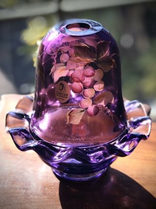 Fenton Purple/amethyst Fairy Lamp W/ Hand Painted Grape Clusters Artist Signed
