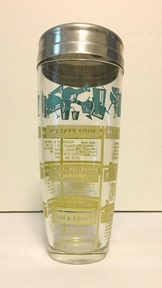 Vintage Cocktail Shaker W/ Strainer Lid And Drink Recipes Graphics