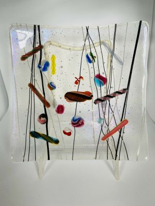 Handmade Fused Art Glass.  Signed Kurt Mcvay.  Iridescent,  Square Dish.