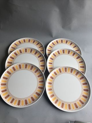 Vtg Set - 7 - Aztec Melmac Dinner Plates White Gold Brown 9.  75” Diameter Platter 2