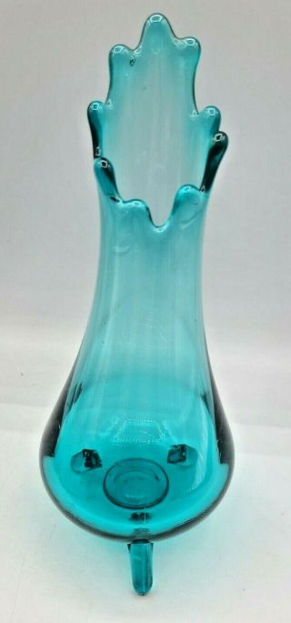 Turquoise Blue Stretch Swung Three Footed Toed Vase Vintage L E Smith Mcm
